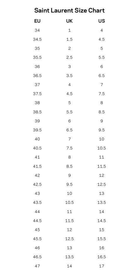 yves saint laurent shoe size chart